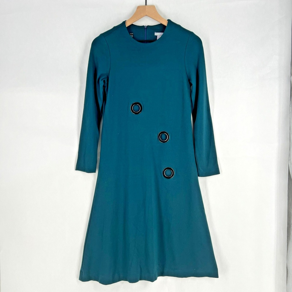 Cavalier A-Line Dress Womens Small Teal Green Stretch Grommet Details Lined